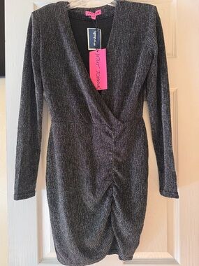 NWT SBetsey Johnson Black Metallic Ribbed Long-Sleeve Wrap Dress